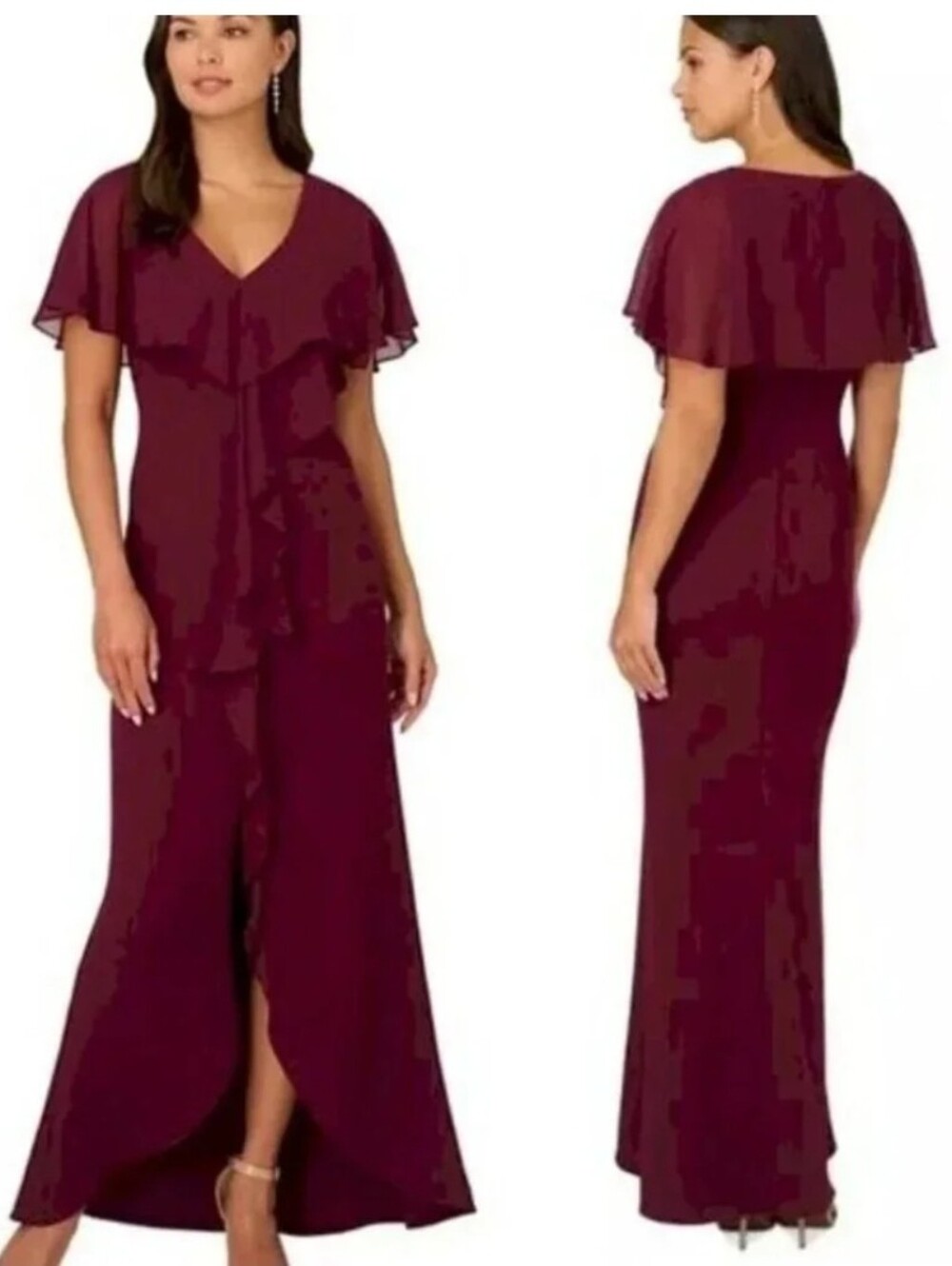 Adrianna Papell NWT Burgundy Red Flutter Sleeve Ruffle Maxi Dress Size 14